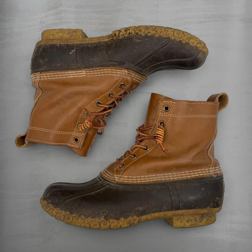 LL Bean Duck Boots Brown Leather Waterproof Rubber 8-Inch Maine Made 9M